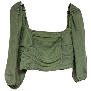 MINKPINK Women's Green Long Puff  Sleeve Crop Top Smocked Back Ruched Large
